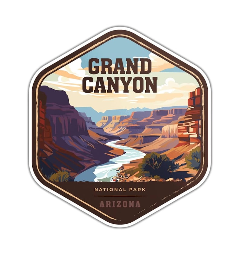 May include: A hexagonal sticker featuring a stylized illustration of the Grand Canyon with a winding river, layered rock formations in shades of brown and orange, and a pale sky. The text reads GRAND CANYON NATIONAL PARK ARIZONA.