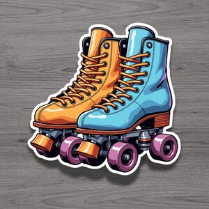 May include: A pair of high-top roller skates featuring one orange boot and one light blue boot. Both skates have orange laces, orange toe stops, and four purple wheels each. The design is presented as a sticker with a white border outline.
