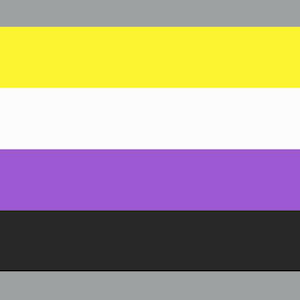 May include: A horizontal flag with four stripes. The top stripe is yellow, the second stripe is white, the third stripe is purple, and the bottom stripe is black.