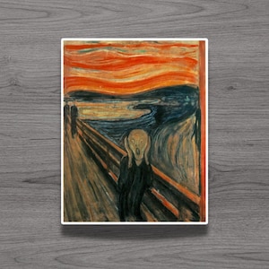 May include: A framed print of Edvard Munch's "The Scream" features a figure with hands on its face, set against a swirling orange and blue sky. The artwork depicts a bridge and figures in the background, evoking a sense of anxiety.