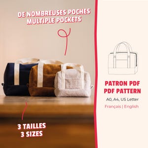 Bolsa de higiene com vários bolsos, molde de costura em PDF, molde de bolsa de higiene em francês e inglês, formatos A0, A4 e carta dos EUA, bolsa de higiene
