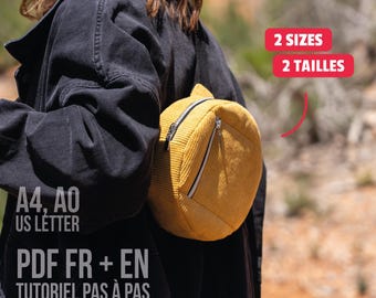 Round crossbody bag with front zipper pocket, PDF sewing pattern | 2 sizes | french, english | A4, A0, US Letter |  circle bag, shoulder bag
