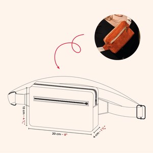May include: A tan-colored fanny pack with a zipper closure and adjustable strap. The bag is 8 inches long, 4.75 inches wide, and 1.5 inches deep. The image also includes a smaller circular image of the fanny pack being worn.