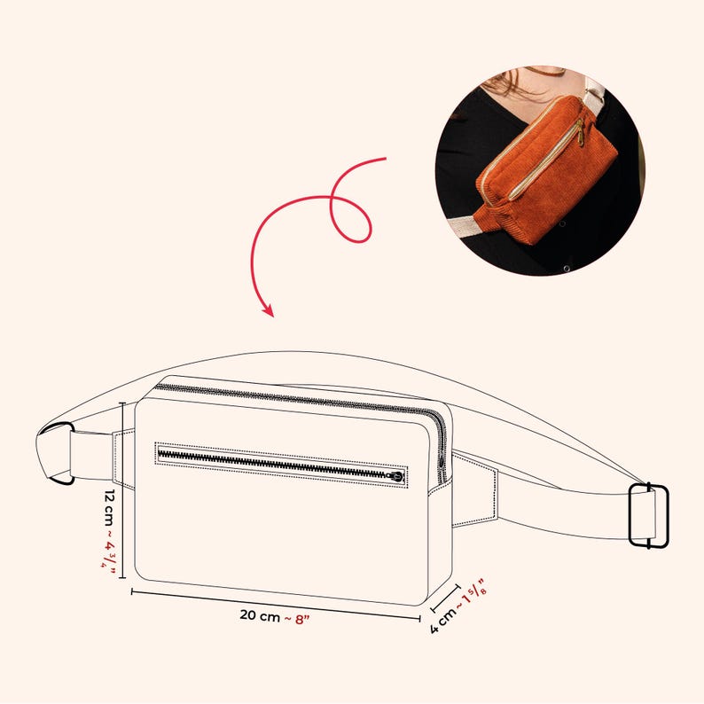 May include: A tan-colored fanny pack with a zipper closure and adjustable strap. The bag is 8 inches long, 4.75 inches wide, and 1.5 inches deep. The image also includes a smaller circular image of the fanny pack being worn.