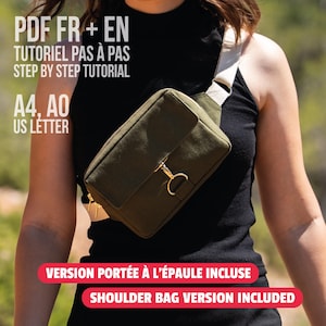 May include: An olive green crossbody bag with a rectangular flap and a gold-toned metal clasp. The bag features a wide, light-colored fabric strap. Text on the image reads: PDF FR + EN, TUTORIEL PAS À PAS, STEP BY STEP TUTORIAL, A4, A0, US LETTER, VERSION PORTÉE À L’ÉPAULE INCLUSE, SHOULDER BAG VERSION INCLUDED.