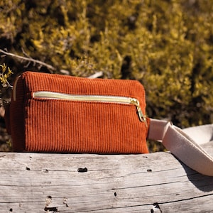 May include: A rust-colored corduroy fanny pack with a gold zipper and a cream-colored strap. The bag is rectangular and sits on a weathered log, with a blurred green background.