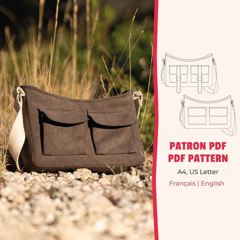 Baguette bag with gusseted pockets, PDF sewing pattern, bag pattern in french and english, A4 and US Letter formats, shoulder bag image 1