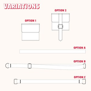 May include: Line drawing variations of a small bag with a flap closure and a strap. Option 1 shows a simple bag with a flap. Option 2 shows a bag with a buckle on the flap. Option A shows a straight strap. Option B shows a curved strap. Option C shows a straight strap with a buckle.
