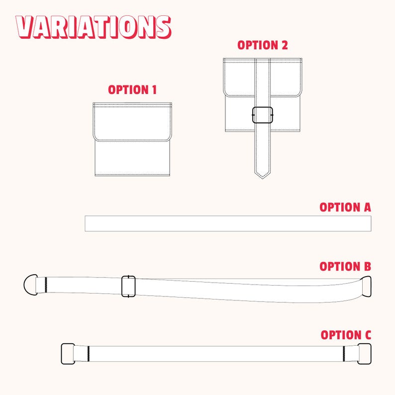 May include: Line drawing variations of a small bag with a flap closure and a strap. Option 1 shows a simple bag with a flap. Option 2 shows a bag with a buckle on the flap. Option A shows a straight strap. Option B shows a curved strap. Option C shows a straight strap with a buckle.