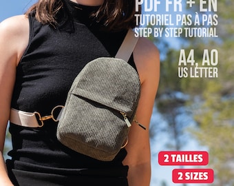 Mini mochila transversal com bolso com zíper, molde de costura em PDF | 2 tamanhos | Francês, Inglês | A0, A4, Carta (EUA) | molde de pochete