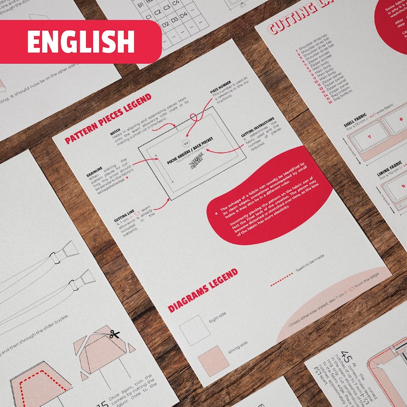 May include: A collection of sewing pattern instruction sheets with diagrams and text. The sheets are white with black and red text and illustrations. The word "ENGLISH" is printed in red on a red banner.