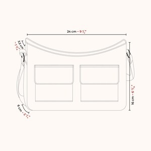 May include: A black and white line drawing of a shoulder bag with two front pockets. The bag measures 9 1/2 inches wide, 6 1/16 inches tall, and 2 1/2 inches deep.