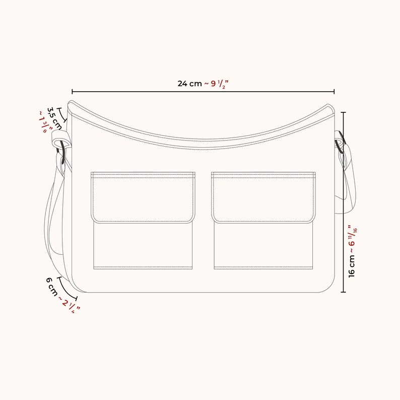 May include: A black and white line drawing of a shoulder bag with two front pockets. The bag measures 9 1/2 inches wide, 6 1/16 inches tall, and 2 1/2 inches deep.