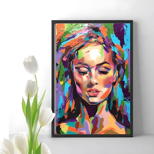 Woman&#39;s Face Art, Woman Portrait, Acrylic Painting, Textured Wall Art, Oil Painting Colors, Colorful Print, Modern Art Work, Digital Art