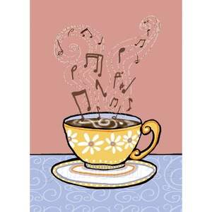 May include: A yellow teacup with a daisy pattern and a brown handle sits on a white saucer. The teacup is filled with brown liquid and steam rising from the cup is shaped like musical notes.