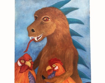 Chupacabra and Chickens Frenemies Oil Painting