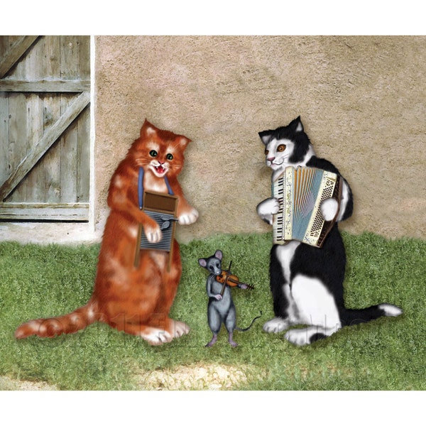 Zydeco Cats and Fiddle Playing Rat Print