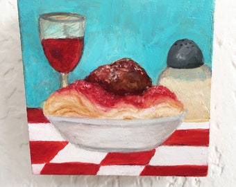 Spaghetti Short with Meatball 3" x 3" Miniature Oil Painting