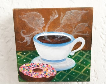 Kaffee mit Spirituosen und Donut Miniatur 3 "x 3" Ölgemälde