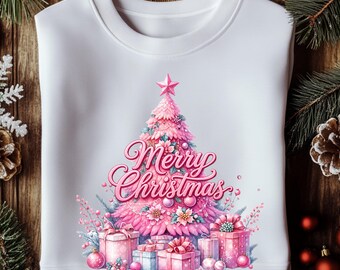 Pink Merry Christmas Tree PNG, Girly Watercolor Holiday Graphic (Digital Download)