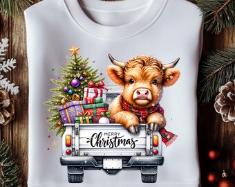 Cheerful Christmas Highland Cow PNG: Print on Demand Design (Digital Download)