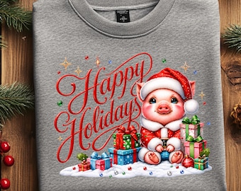 Happy Holidays Pig PNG – Christmas Clipart, Festive Crafts (Digital Download)