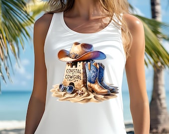 Coastal Cowgirl PNG: ウエスタンビーチサマーデザイン（印刷用デジタルダウンロード）