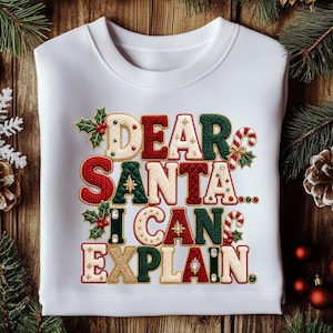 May include: A white crewneck sweatshirt featuring a multi-colored embroidered graphic that reads "DEAR SANTA... I CAN EXPLAIN." The letters are textured in red, green, and cream, accented with holly leaves, berries, and candy cane motifs.