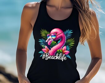 Flamingo Beach Life PNG, Tropical Summer Shirt Design, Watercolor Digital Art (Instant Download)