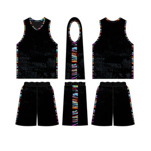 May include: Black basketball jersey and shorts with colorful striped accents. The jersey has a V-neck and the shorts have a waistband.