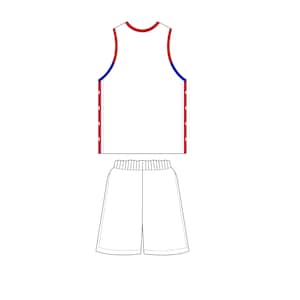 Puede incluir: Uniforme de baloncesto blanco con ribetes rojos y azules. La camiseta es sin mangas y los pantalones cortos tienen una cintura.