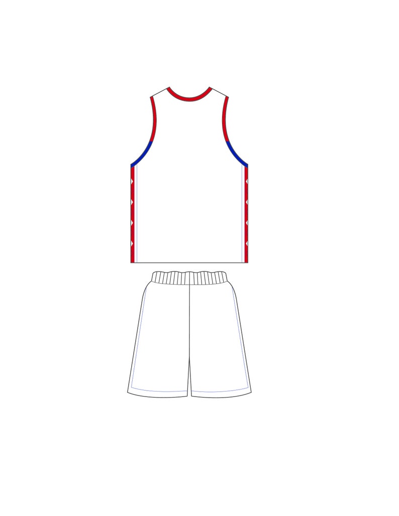Puede incluir: Uniforme de baloncesto blanco con ribetes rojos y azules. La camiseta es sin mangas y los pantalones cortos tienen una cintura.