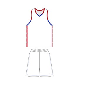 Puede incluir: Uniforme de baloncesto blanco con ribetes rojos y azules. La camiseta es sin mangas y tiene cuello en V. Los pantalones cortos tienen una cintura el&aacute;stica.