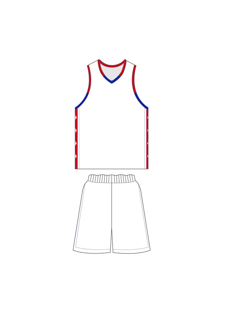 Puede incluir: Uniforme de baloncesto blanco con ribetes rojos y azules. La camiseta es sin mangas y tiene cuello en V. Los pantalones cortos tienen una cintura el&aacute;stica.