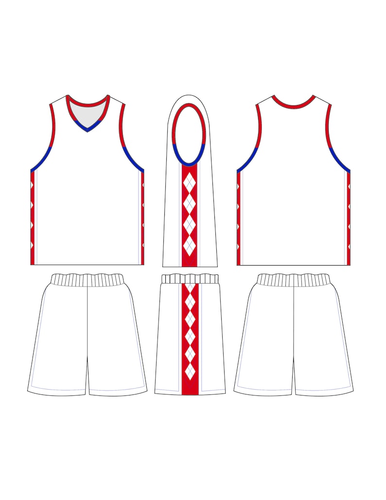 Puede incluir: Camiseta y pantalones cortos de baloncesto blancos con ribetes rojos y azules. La camiseta tiene cuello en V y los pantalones cortos tienen cintura el&aacute;stica.