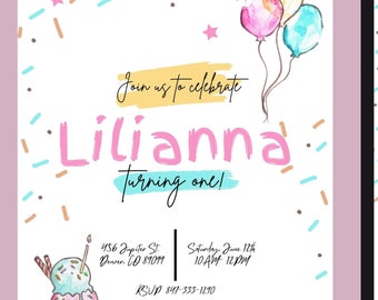 Può includere: Un invito a una festa di compleanno con un'illustrazione ad acquerello di coni gelato e palloncini. L'invito è per il primo compleanno di Lilianna e include la data, l'ora e il luogo della festa.