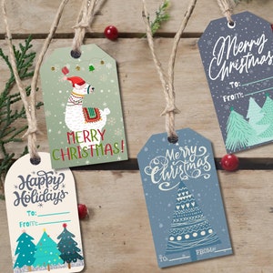 Printable Holiday Gift Tag Template, Variety Pack, Digital Download, Christmas Gift Tag, Holiday Gift Bag Tag, Neutral Color, Blue Christmas