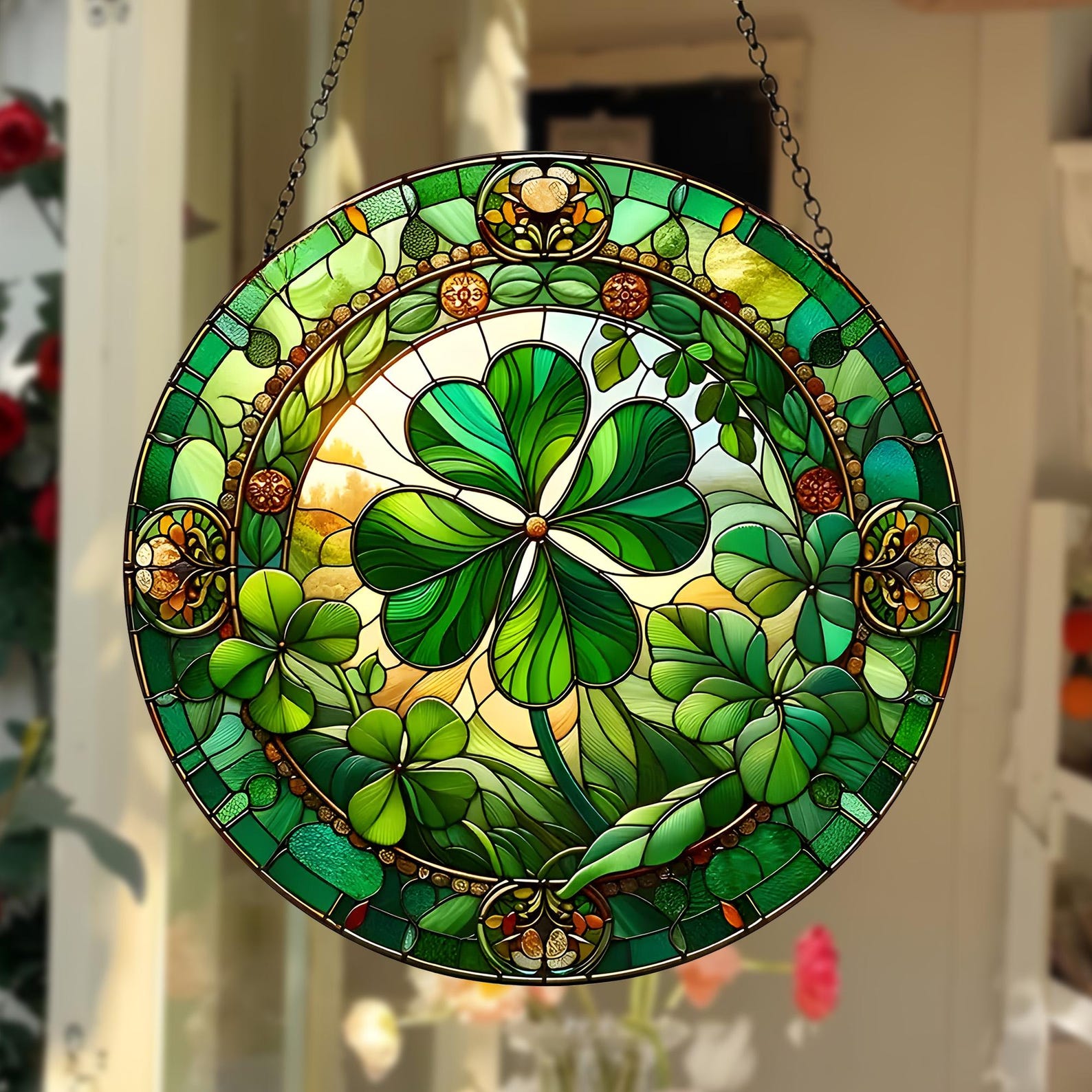 St Patrick Day Suncatcher, Four Leaf Clover Faux Stained Glass ...