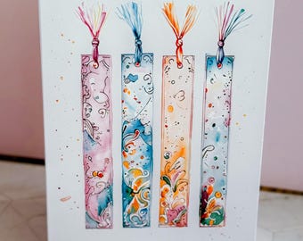 Watercolor style bookmark blank greeting card--book stack with flowers--watercolor card