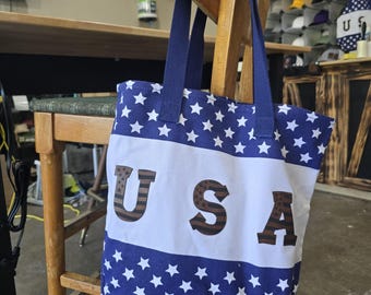 USA Canvas Tote Bag with Leather Patches