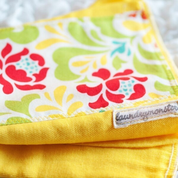 Bright yellow pop garden floral hand dyed burp cloth