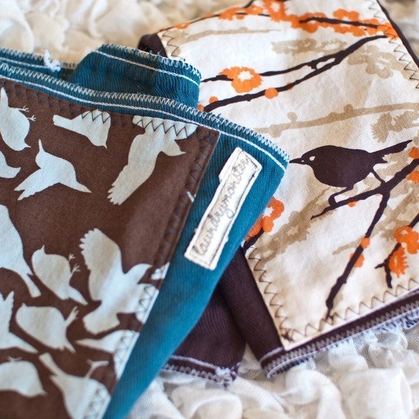 Beautiful birds on teal blue and dark brown hand dyed burp cloth set