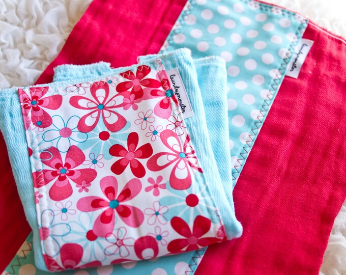 Baby Burp Cloth Set Red and Aqua Floral and Dots Hand Dyed Burp Cloths