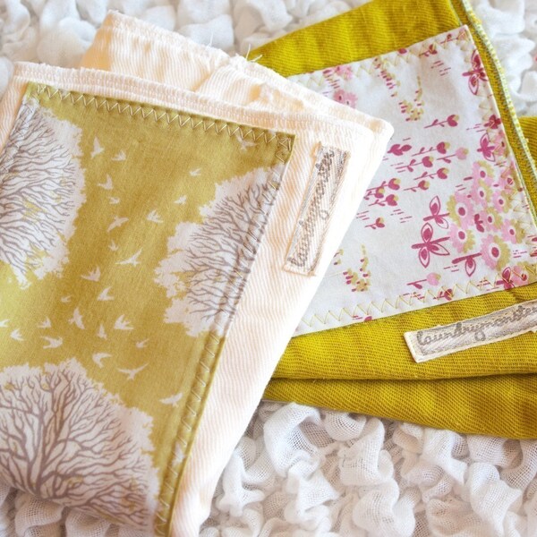 Modern Meadow hand dyed burp cloth set in ivory and chartreuse