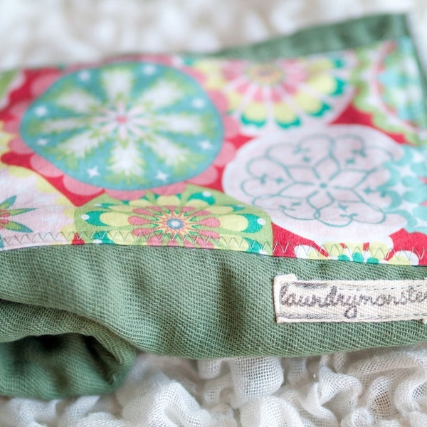 Vintage Christmas ornaments and sage green hand dyed burp cloth