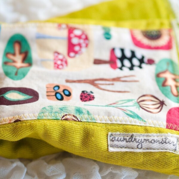 Woodland toadstools on chartreuse hand dyed burp cloth