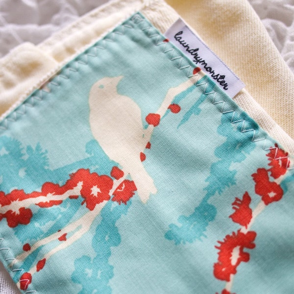 Birds and blossoms ivory and aqua hand dyed burp cloth