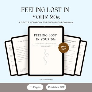 May include: A digital workbook titled Feeling Lost in Your 20s: A Gentle Workbook for Finding Your Own Way, displayed on multiple tablet screens. The pages feature black text on a cream background, a line drawing of a path, and a brown star-shaped sticker.
