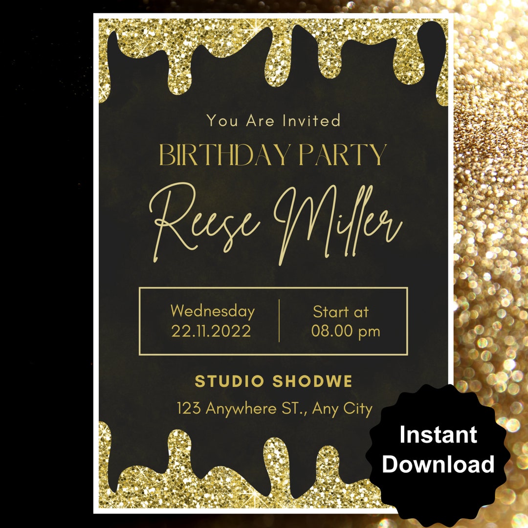 Editable Black & Gold Birthday Invitation Template Gold Glitter ...