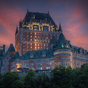 Fairmont Le Château Frontenac Luxury Hotel at Dusk in Quebec City Canada